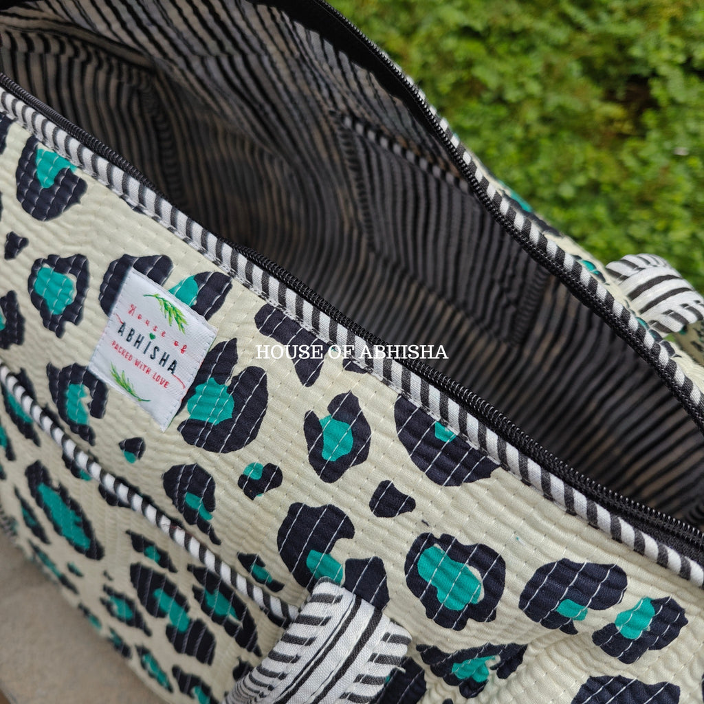 Block Printed Quilted Leopard Duffle Bag