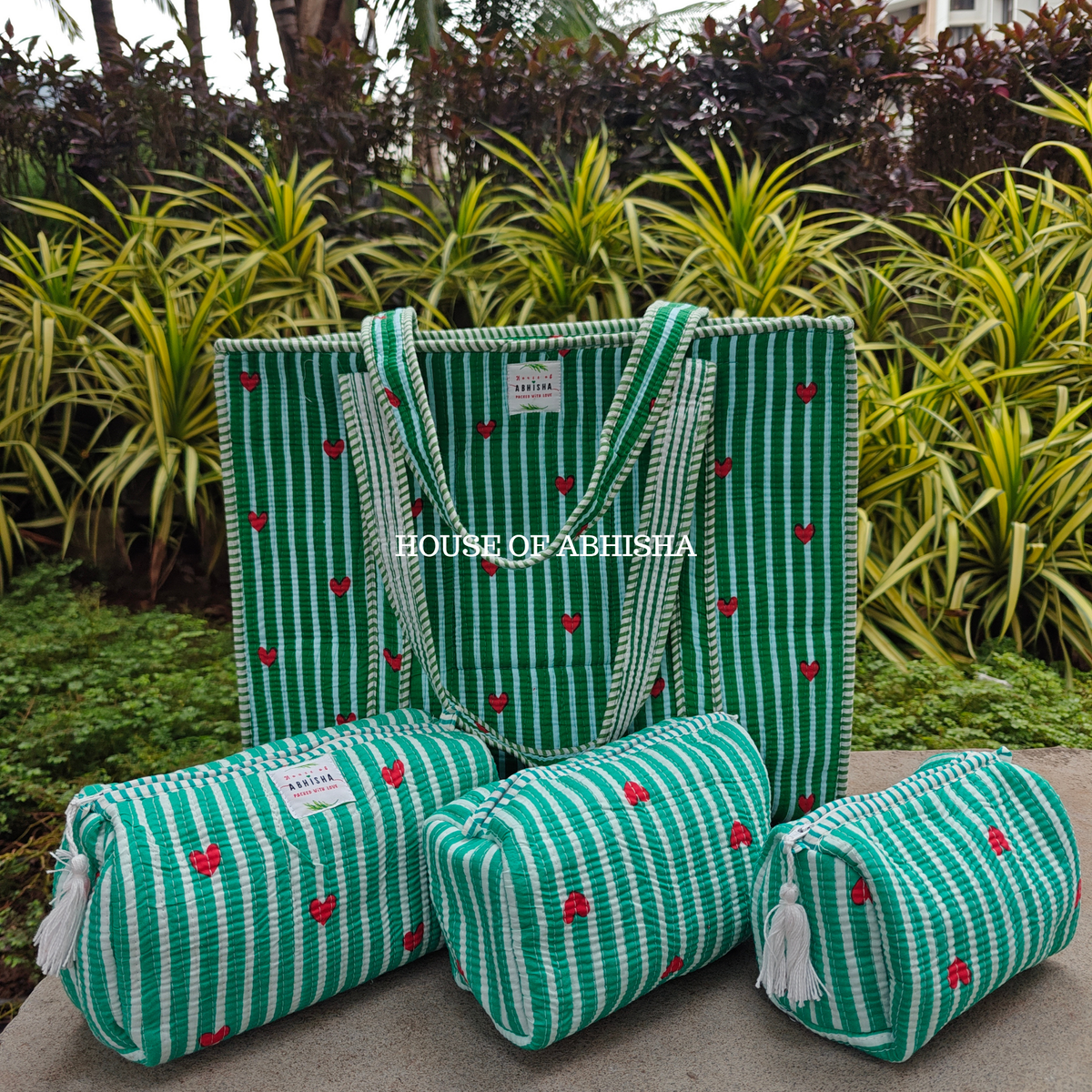 Gulmira Quilted Cotton Tote Bag + Pouch (Set of 3) Combo