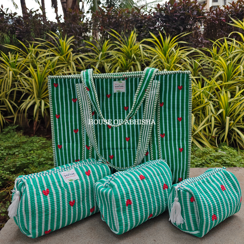 Gulmira Quilted Cotton Tote Bag + Pouch (Set of 3) Combo