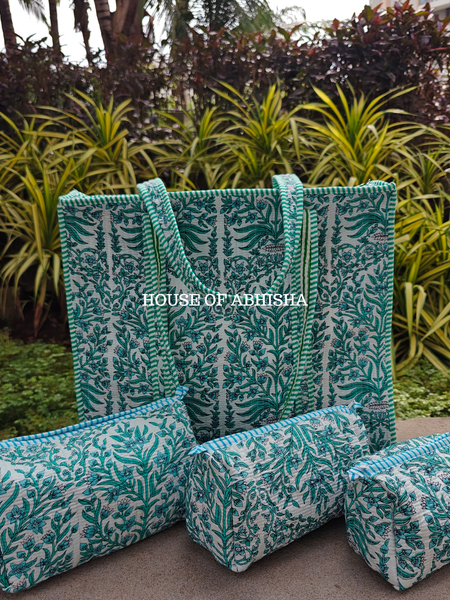Eden Bloom Quilted Cotton Tote Bag + Pouch (Set of 3) Combo