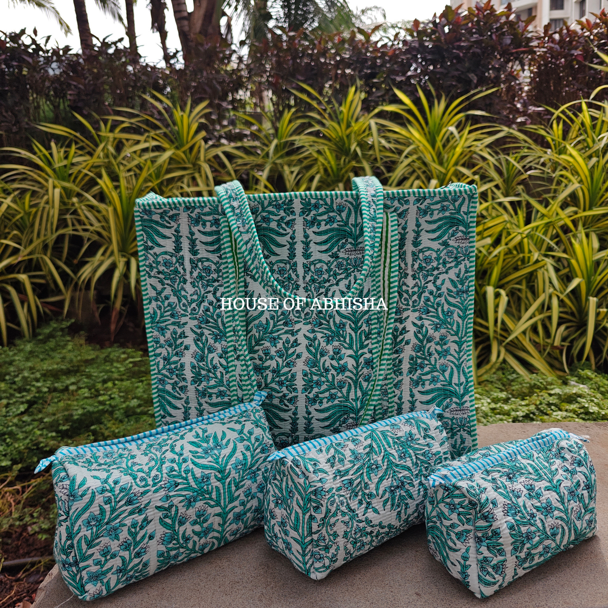 Eden Bloom Quilted Cotton Tote Bag + Pouch (Set of 3) Combo
