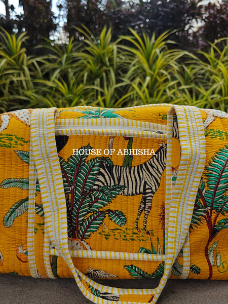 Block Printed Quilted Yellow Jungle Duffle Bag