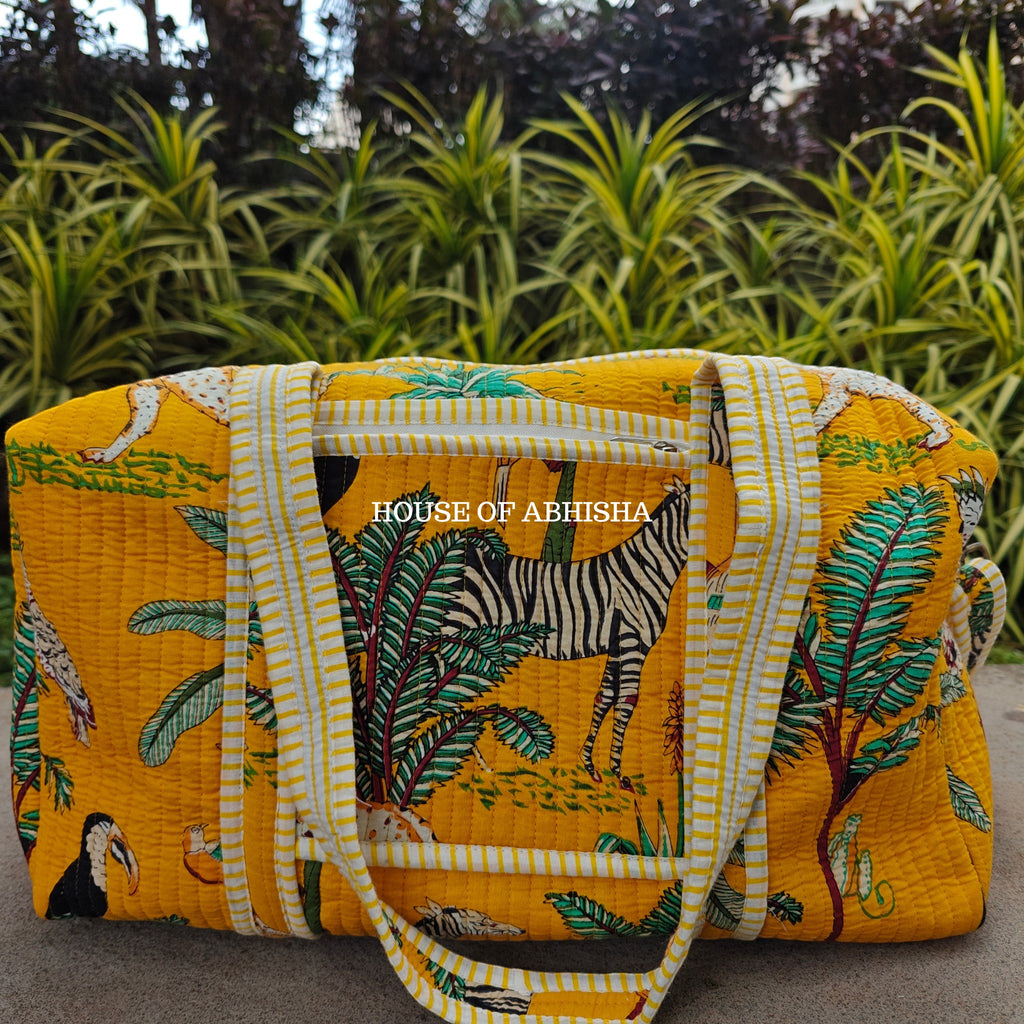 Block Printed Quilted Yellow Jungle Duffle Bag