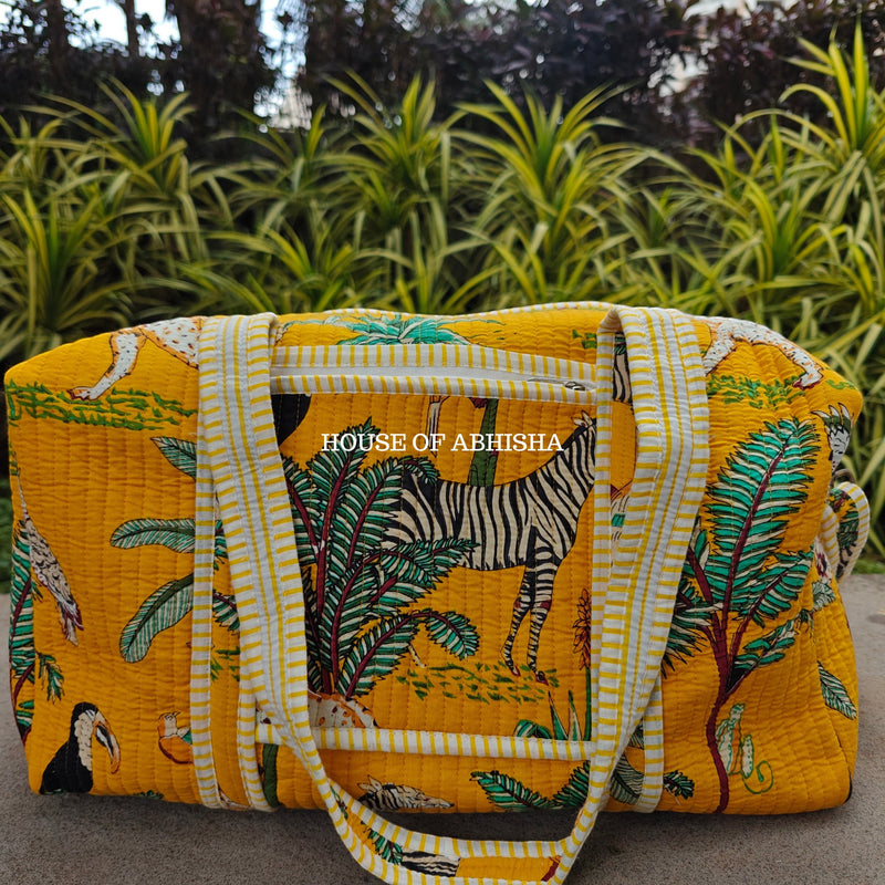 Block Printed Quilted Yellow Jungle Duffle Bag