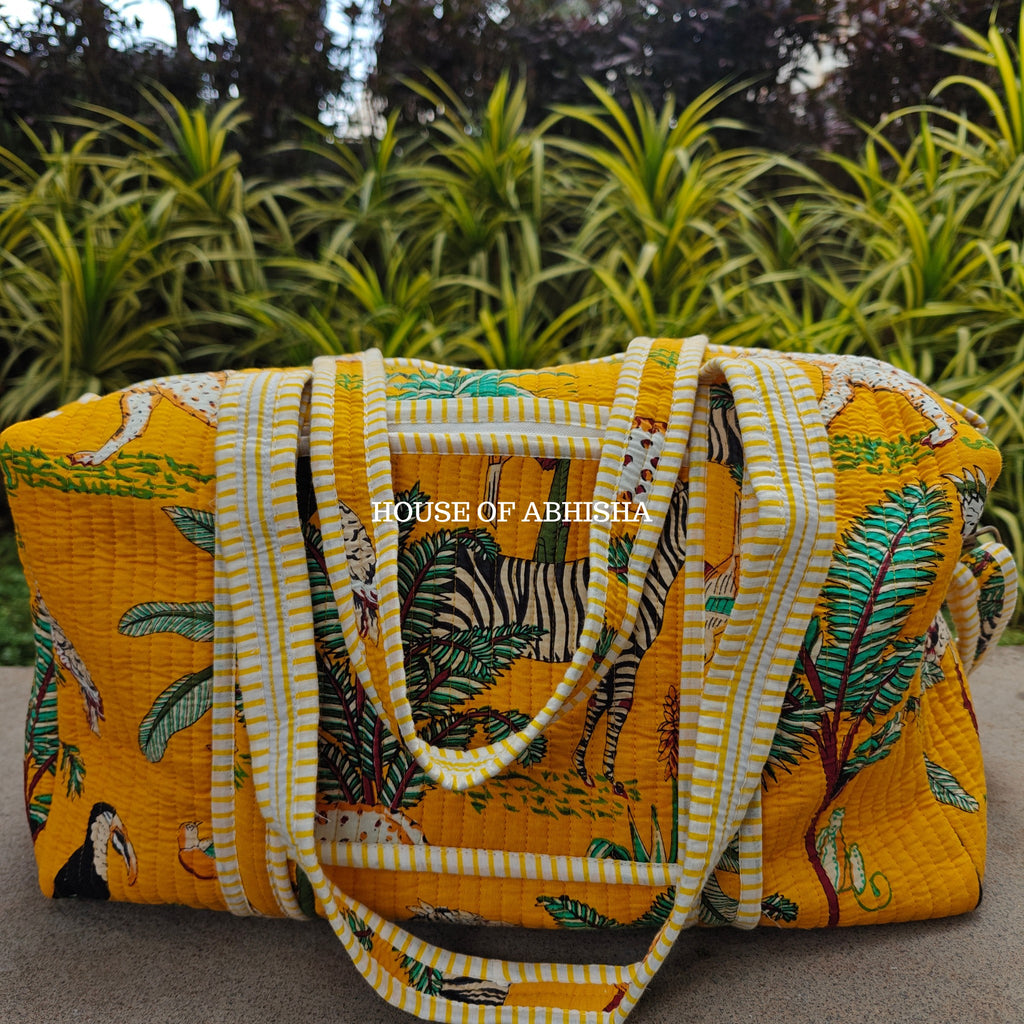 Block Printed Quilted Yellow Jungle Duffle Bag