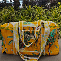 Block Printed Quilted Yellow Jungle Duffle Bag