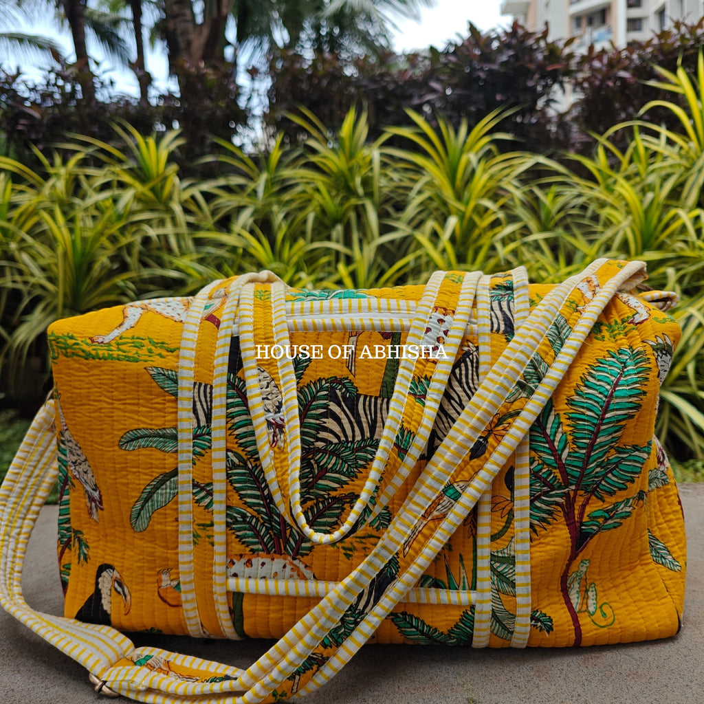 Block Printed Quilted Yellow Jungle Duffle Bag