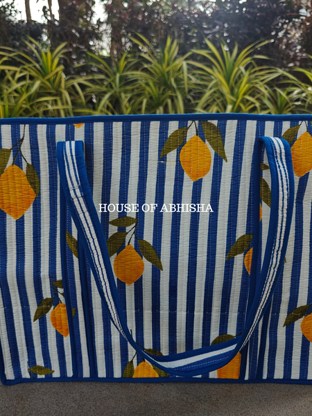 Striped Lemon Quilted Cotton Tote Bag