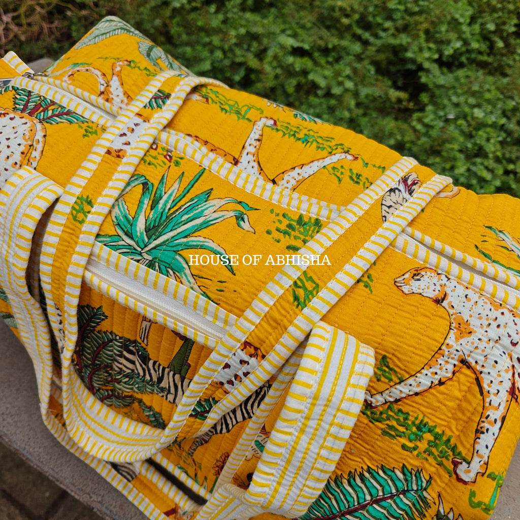 Block Printed Quilted Yellow Jungle Duffle Bag
