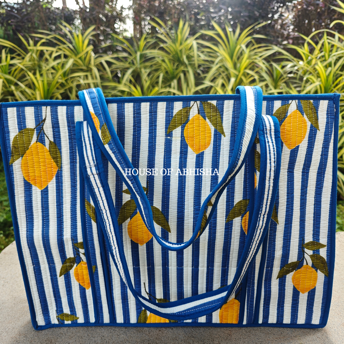 Striped Lemon Quilted Cotton Tote Bag