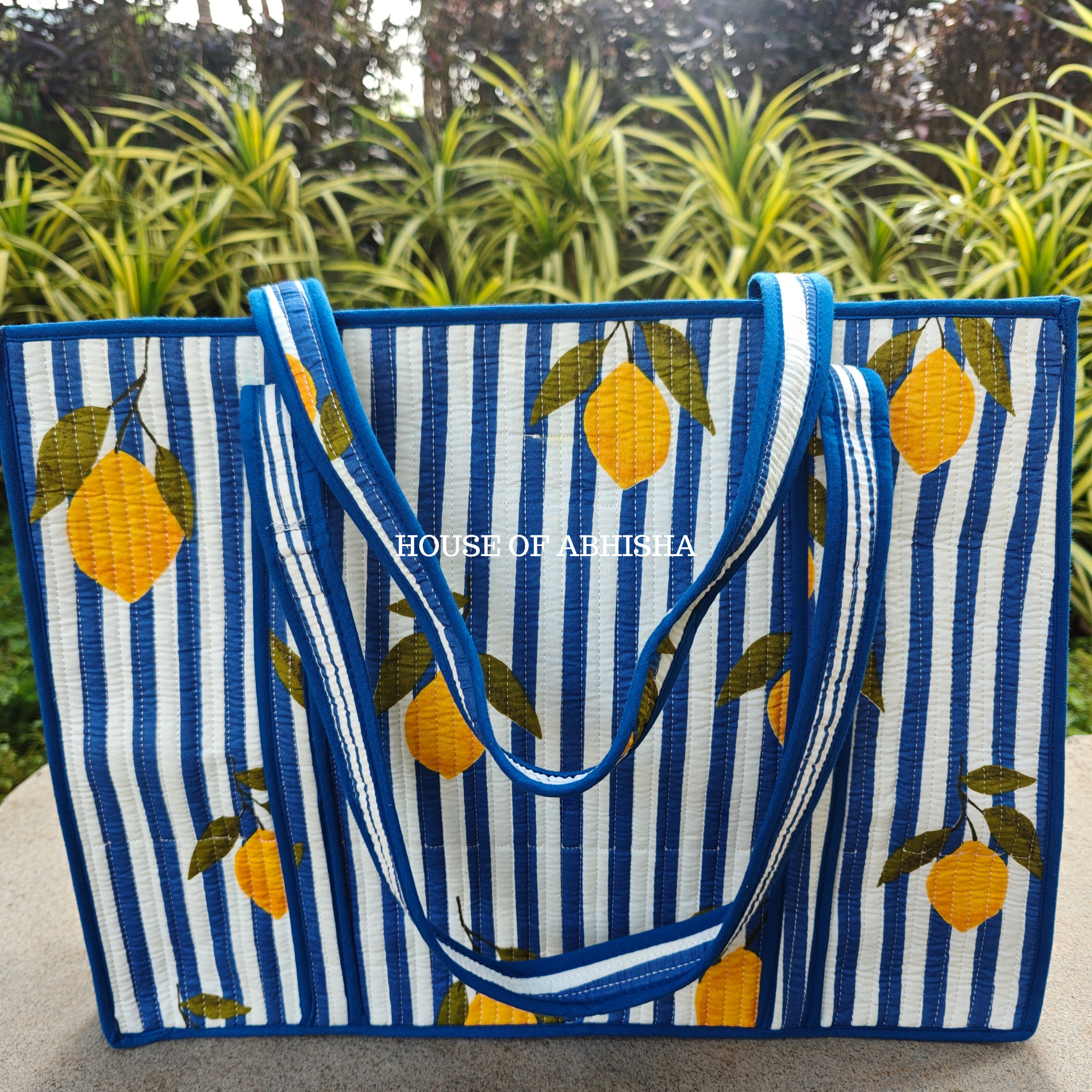 Striped Lemon Quilted Cotton Tote Bag