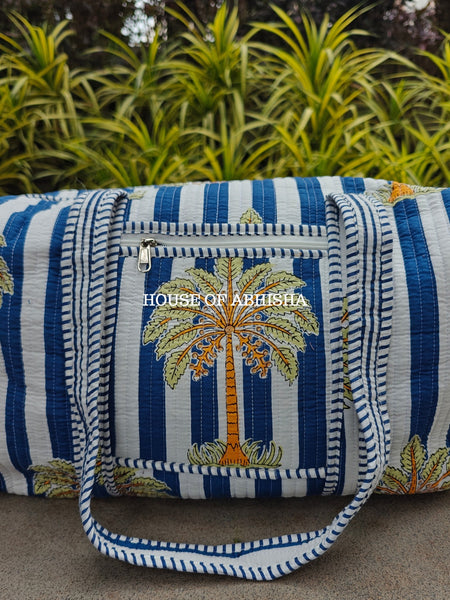 Block Printed Quilted Royal Palm Duffle Bag