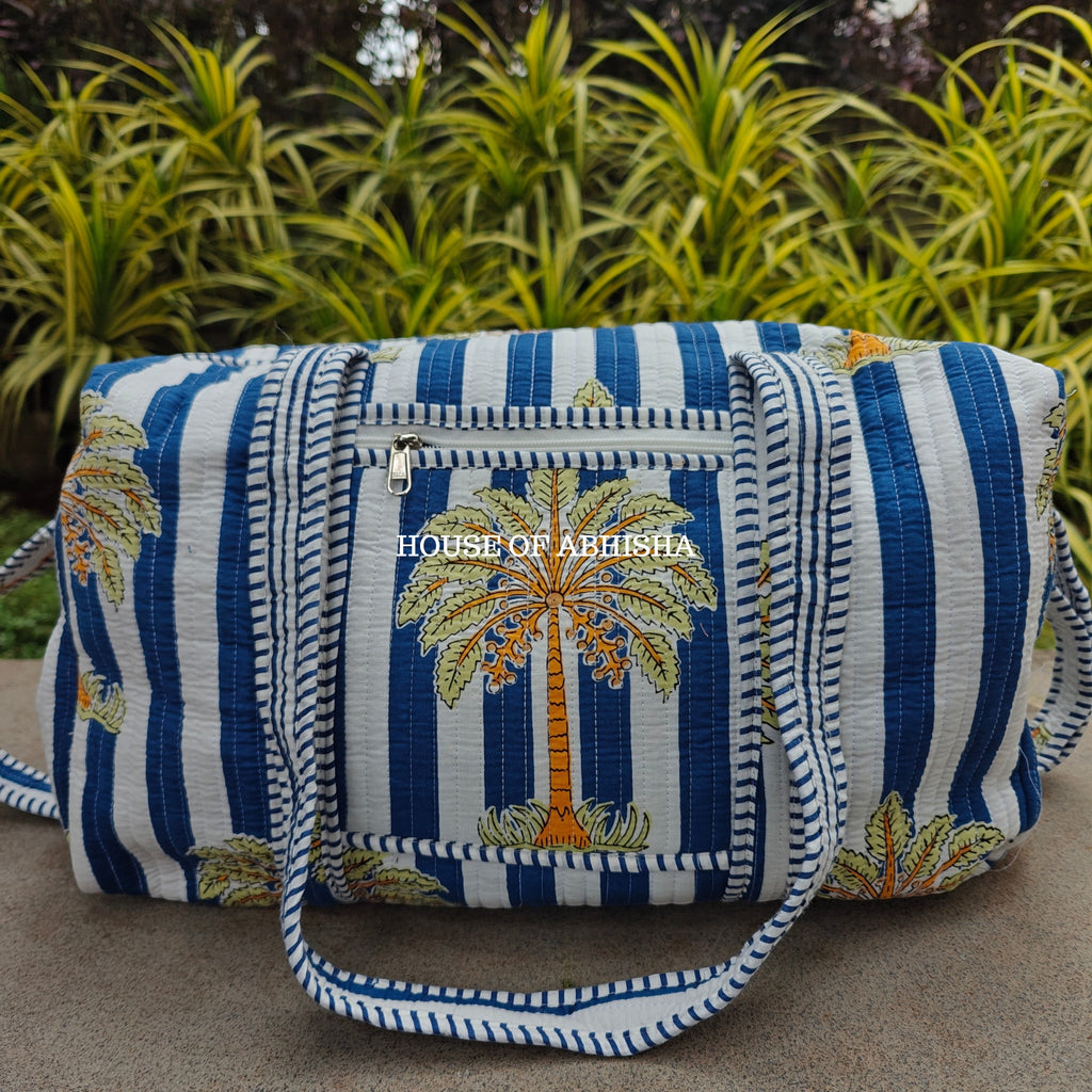 Block Printed Quilted Royal Palm Duffle Bag