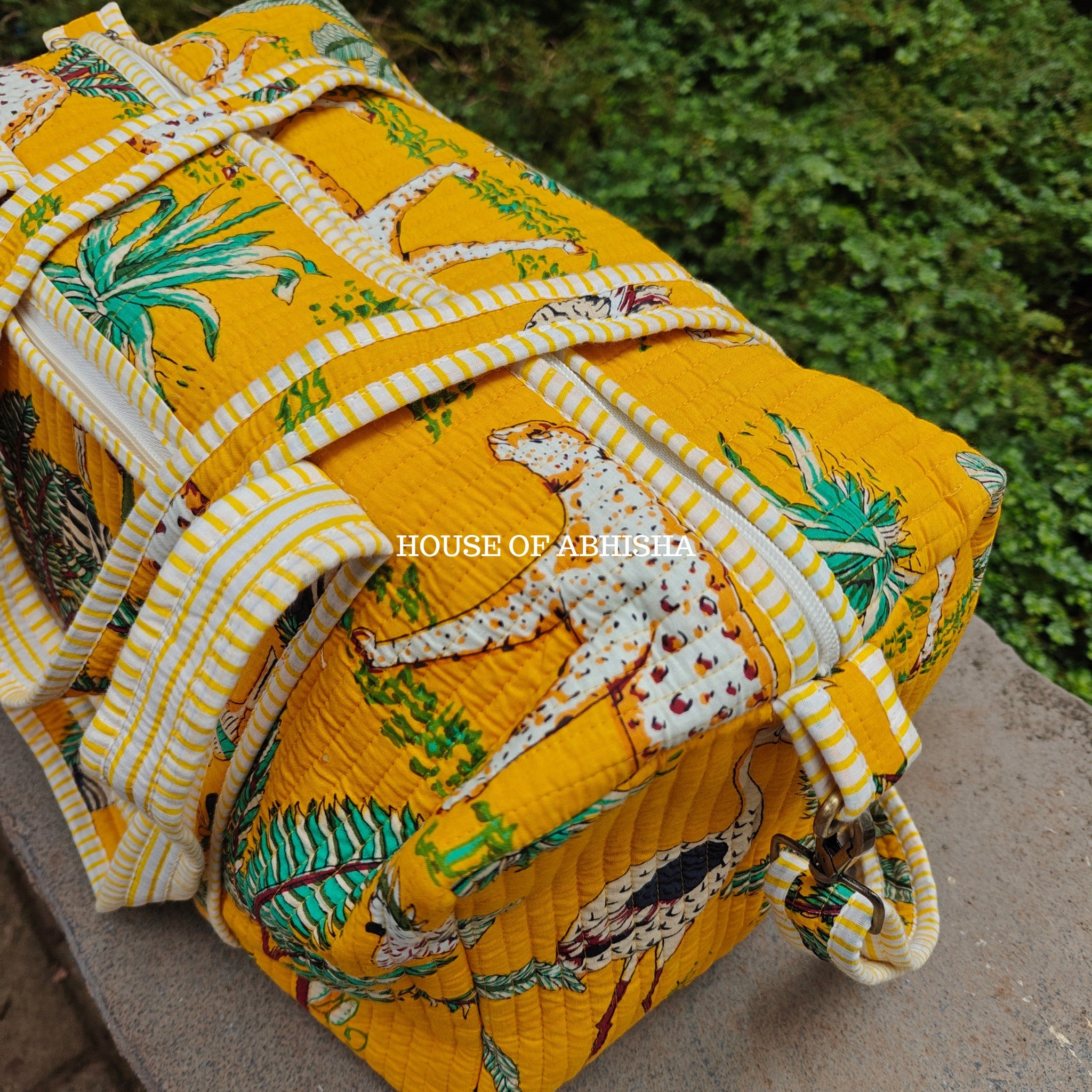 Block Printed Quilted Yellow Jungle Duffle Bag
