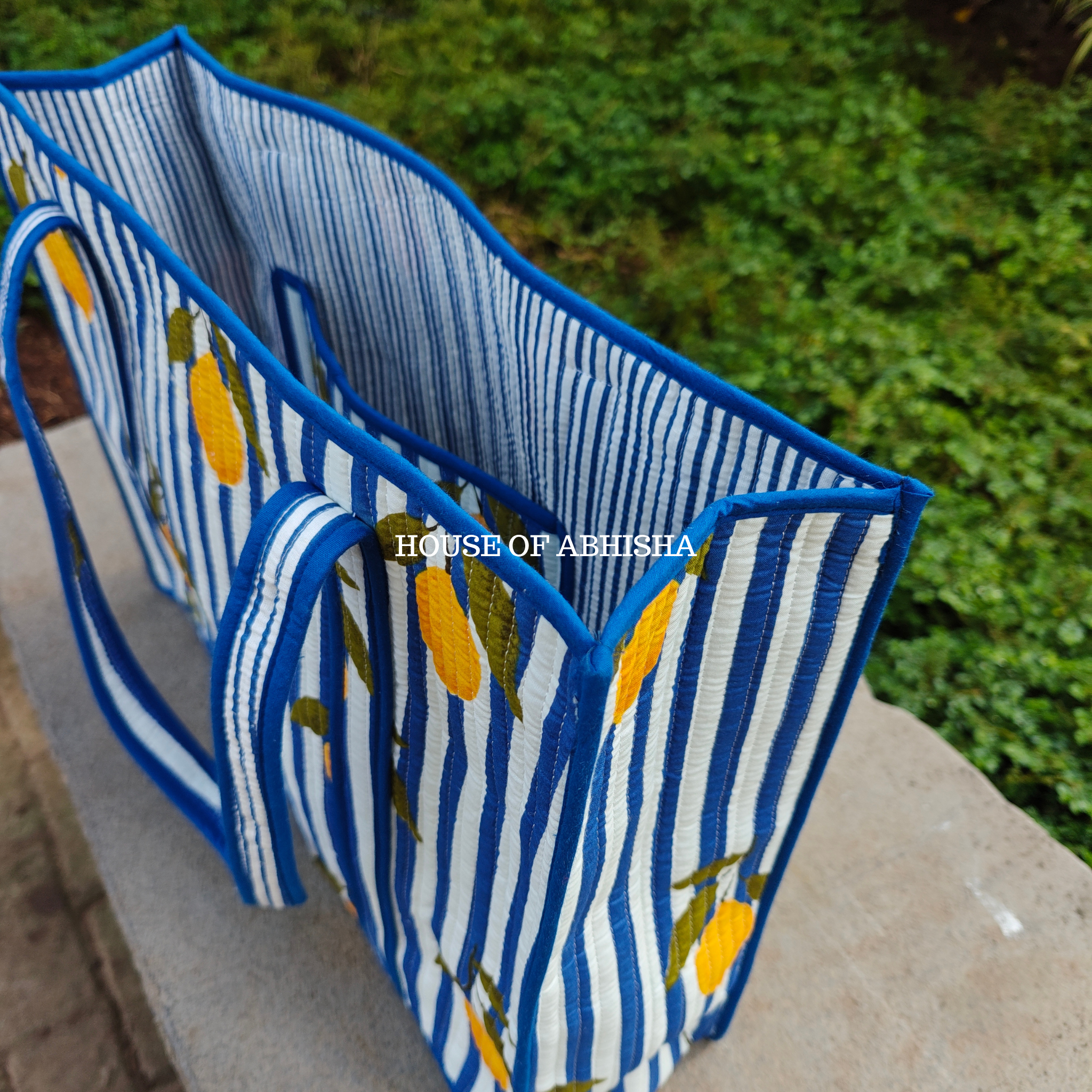 Striped Lemon Quilted Cotton Tote Bag