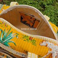 Block Printed Quilted Yellow Jungle Duffle Bag