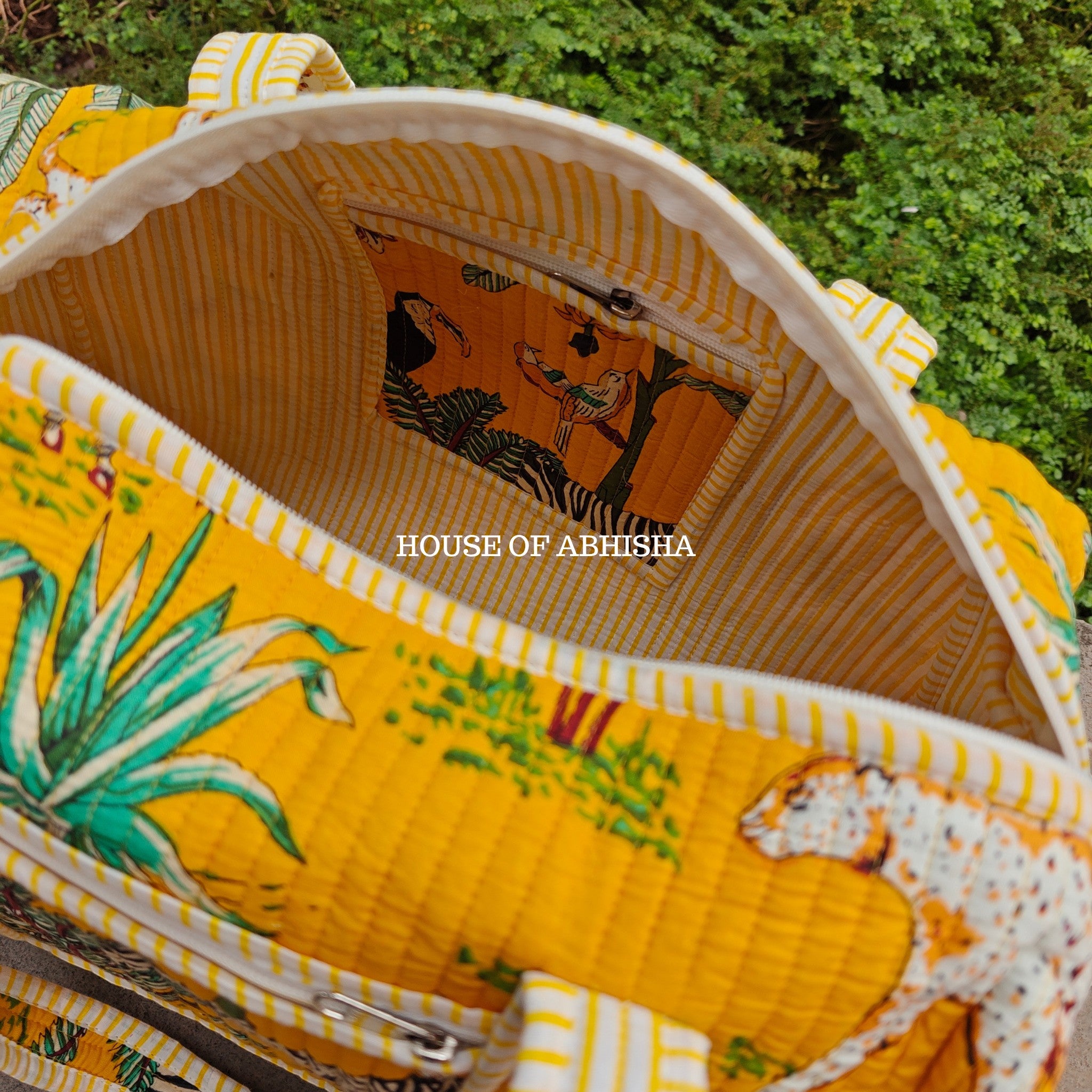 Block Printed Quilted Yellow Jungle Duffle Bag