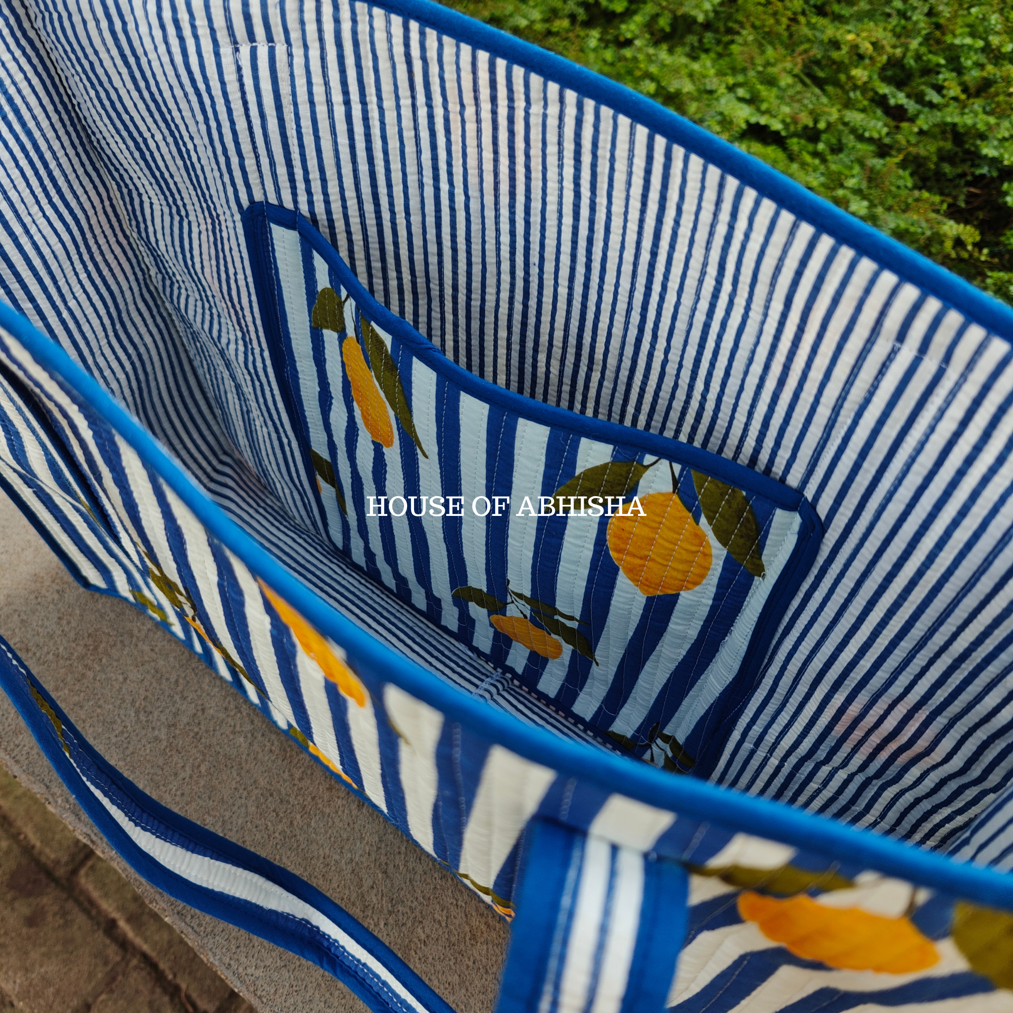 Striped Lemon Quilted Cotton Tote Bag