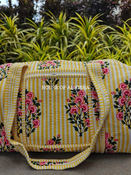 Block Printed Quilted Striped Bouquet Duffle Bag