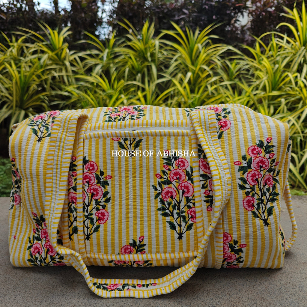 Block Printed Quilted Striped Bouquet Duffle Bag