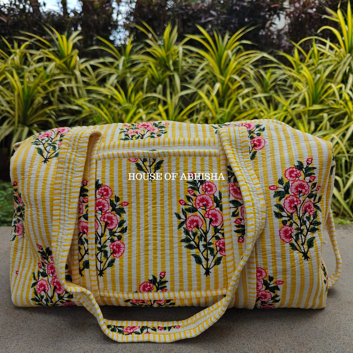 Block Printed Quilted Striped Bouquet Duffle Bag