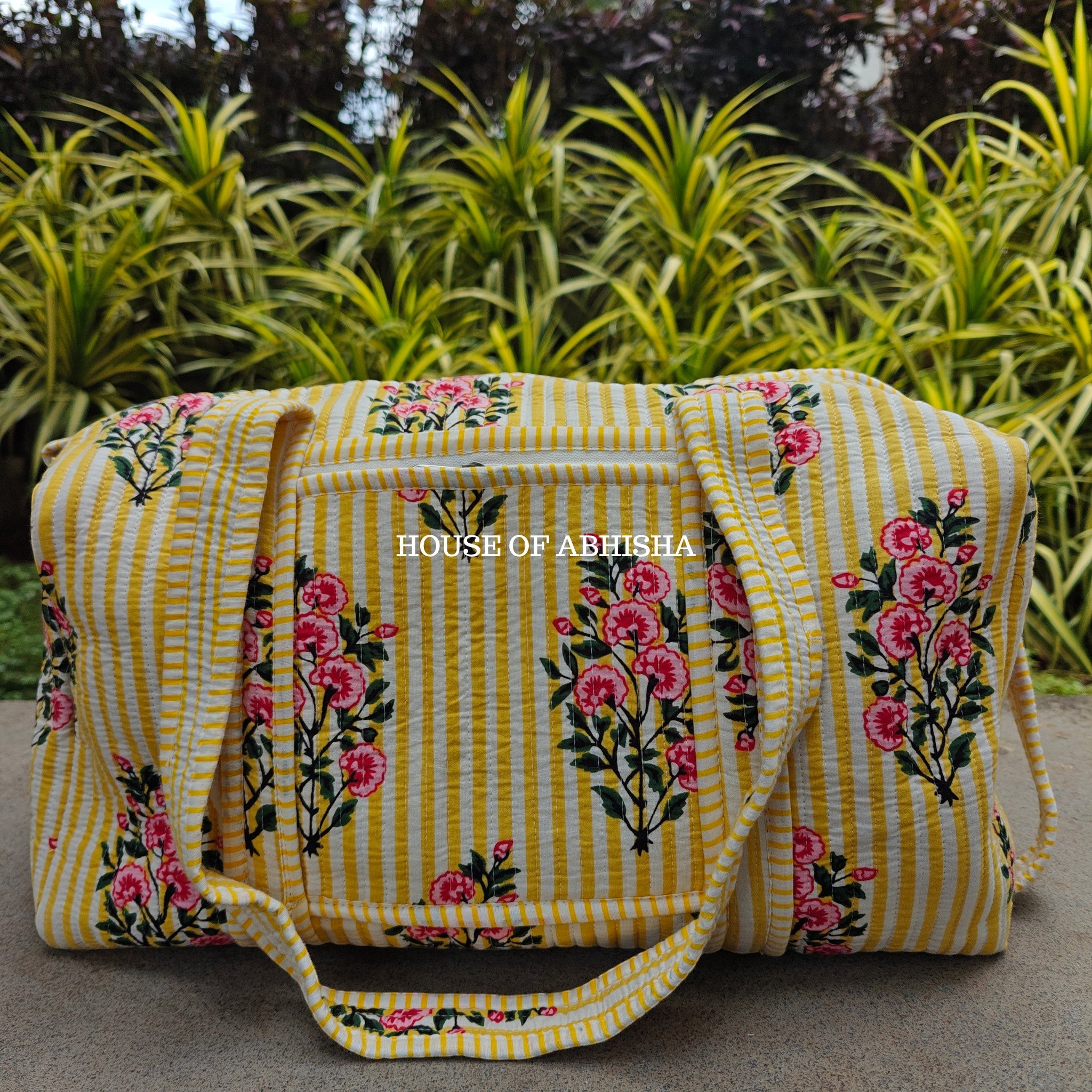 Block Printed Quilted Striped Bouquet Duffle Bag