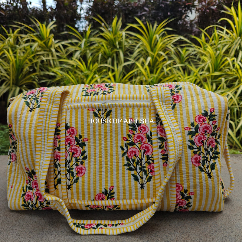 Block Printed Quilted Striped Bouquet Duffle Bag