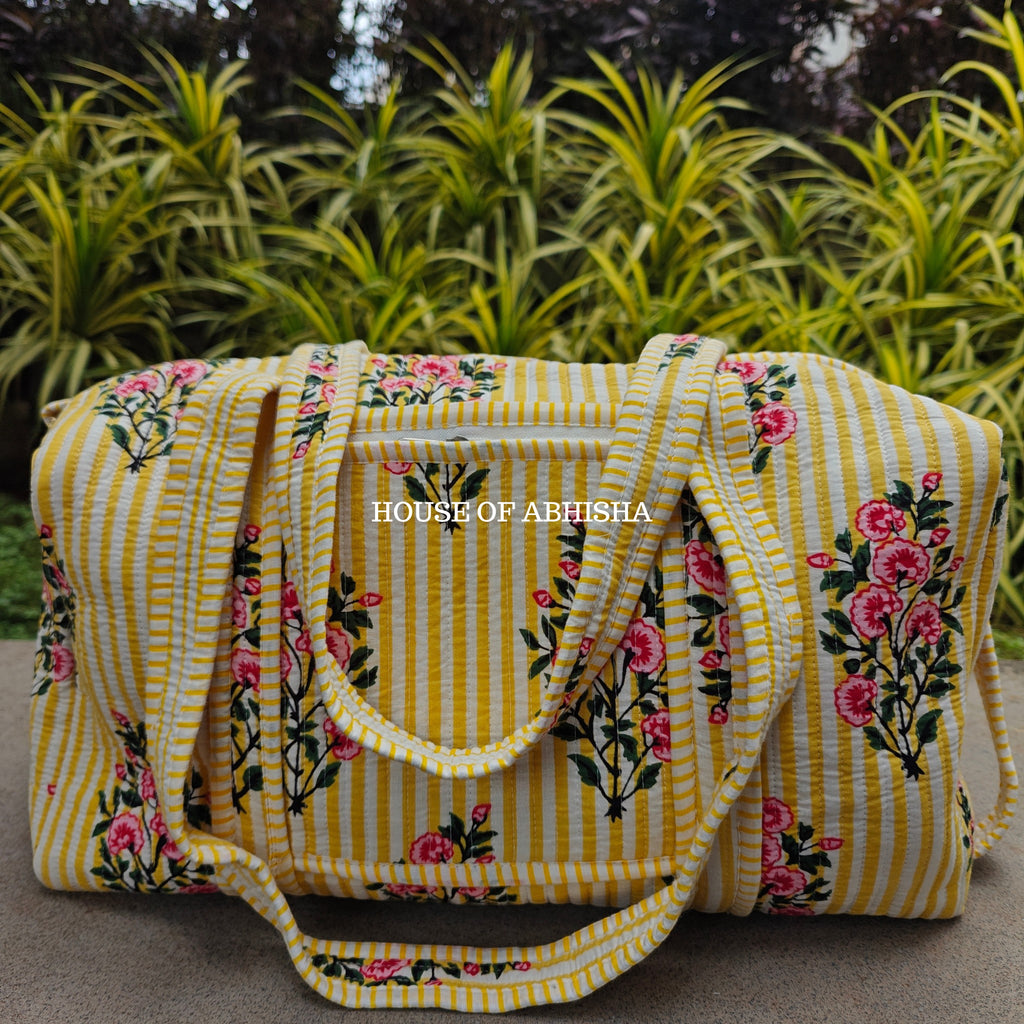 Block Printed Quilted Striped Bouquet Duffle Bag
