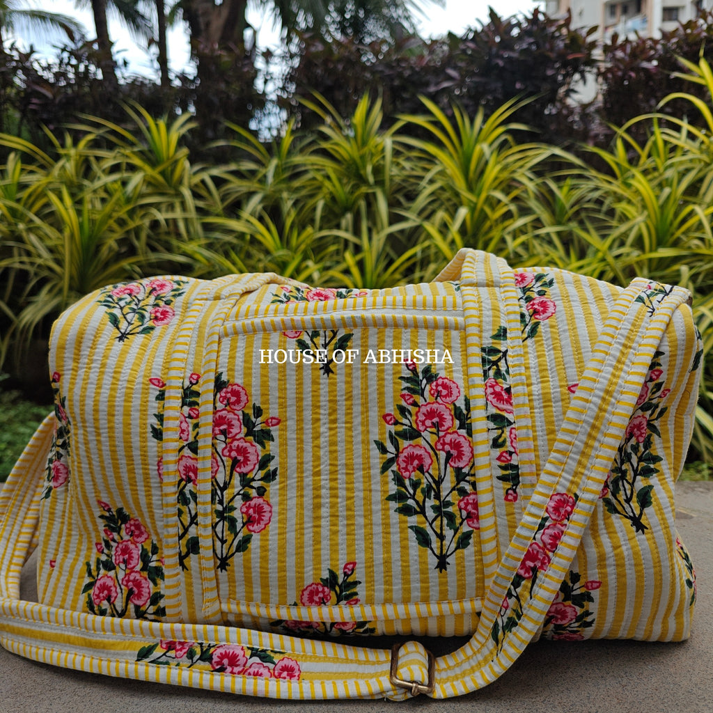 Block Printed Quilted Striped Bouquet Duffle Bag