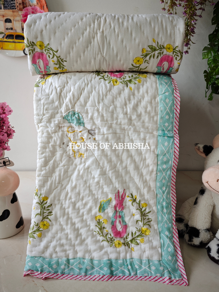 Tiny Rabbit Wonders Handblock Printed Mulmul Kids Quilt