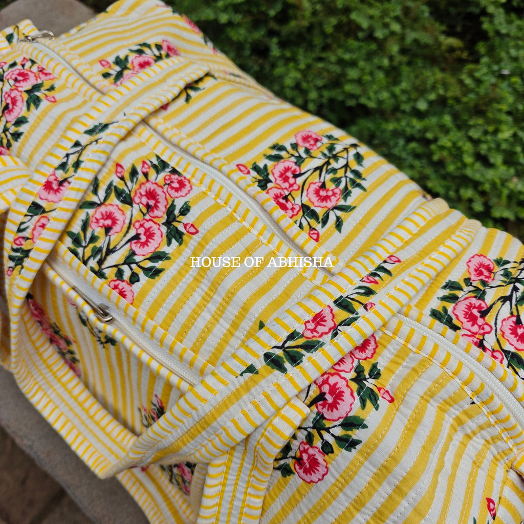 Block Printed Quilted Striped Bouquet Duffle Bag