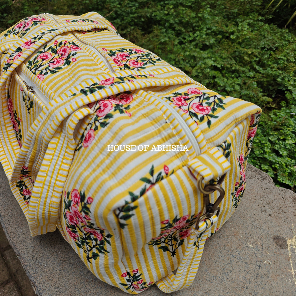 Block Printed Quilted Striped Bouquet Duffle Bag
