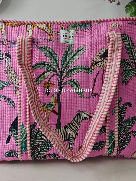 Pink Jungle Quilted Cotton Tote Bag