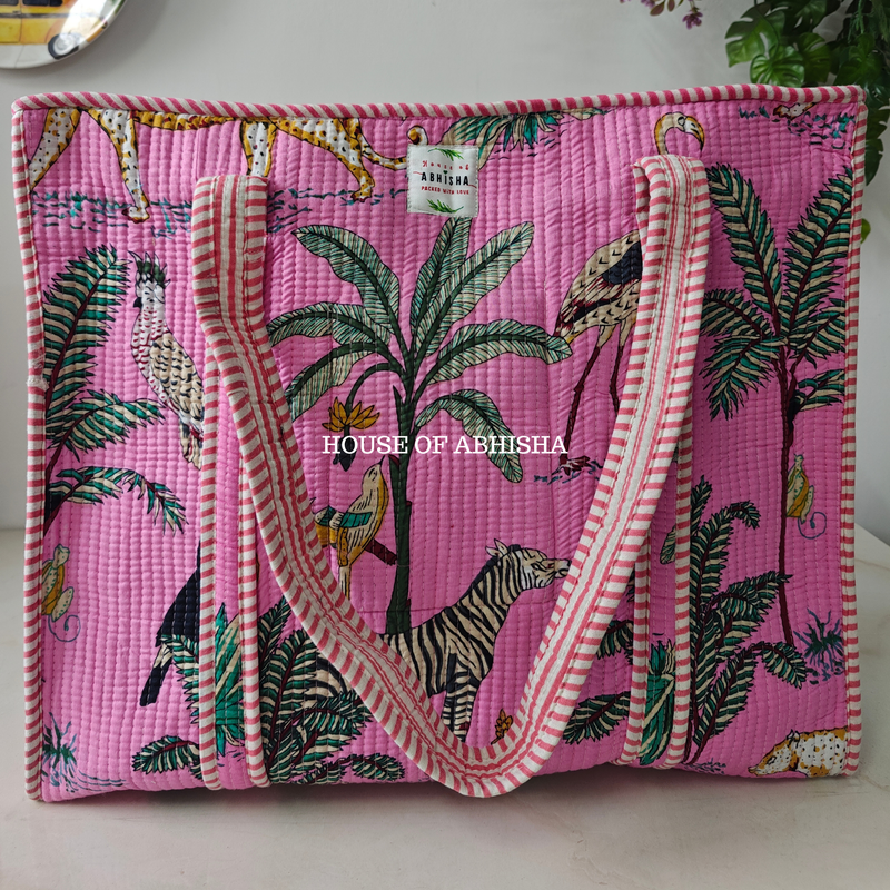 Pink Jungle Quilted Cotton Tote Bag