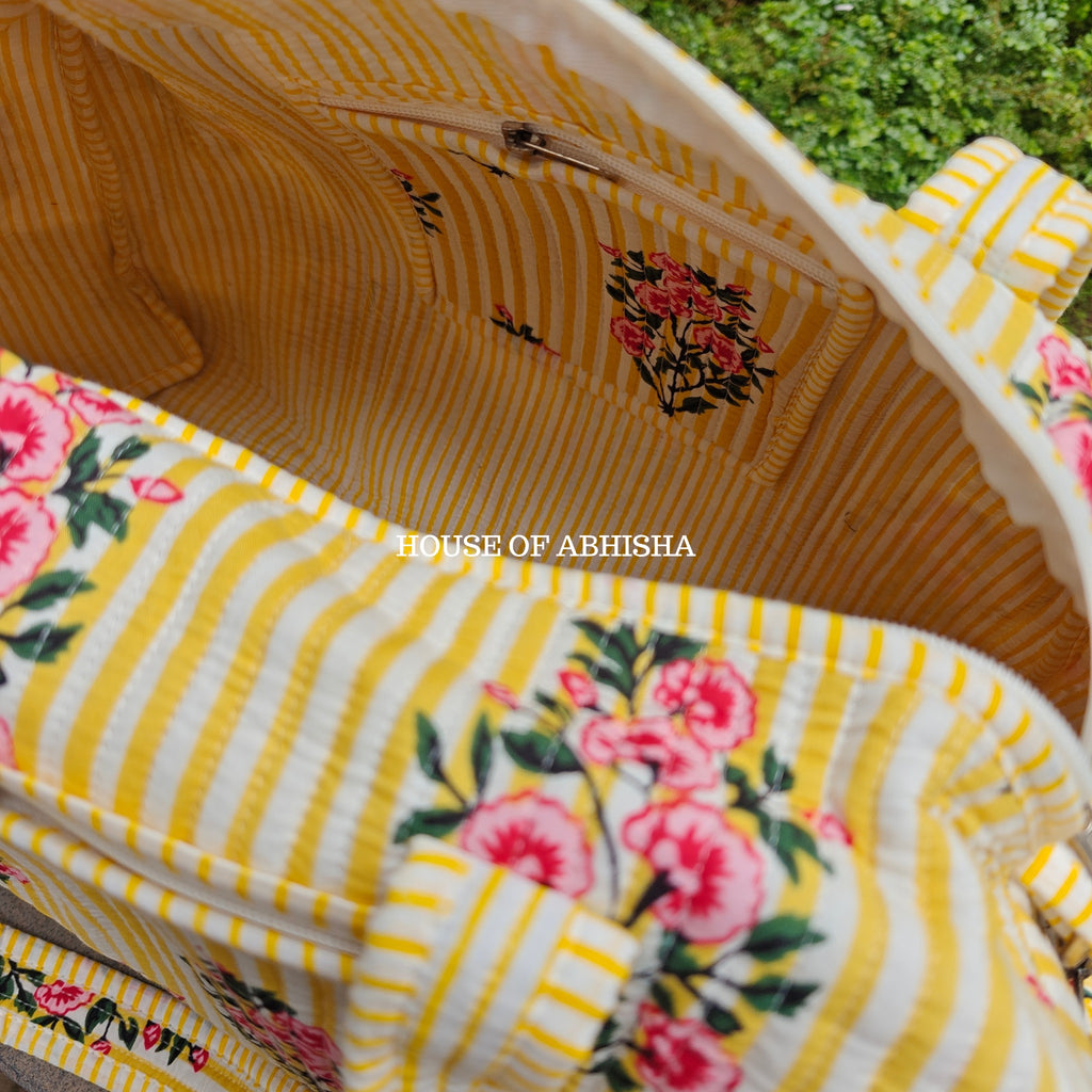 Block Printed Quilted Striped Bouquet Duffle Bag