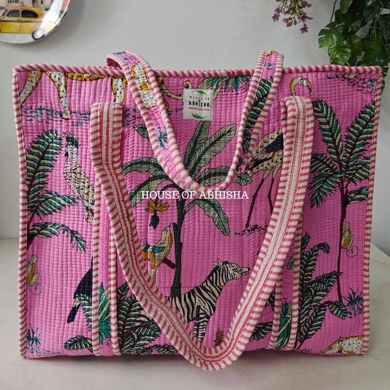 Pink Jungle Quilted Cotton Tote Bag