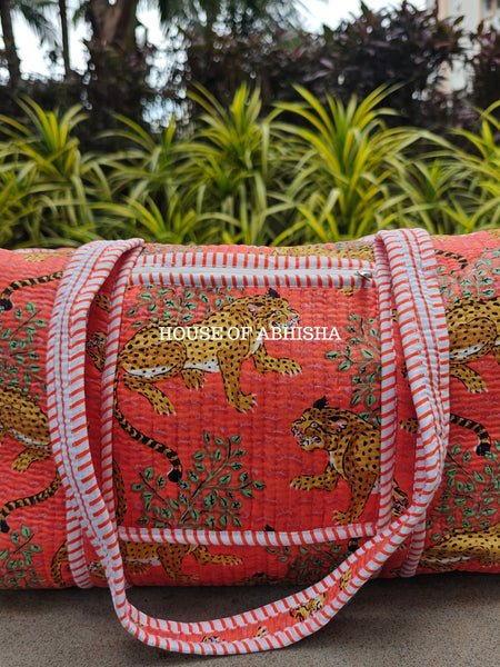 Block Printed Quilted Orange Tiger Duffle Bag