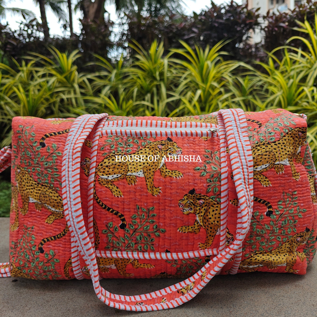 Block Printed Quilted Orange Tiger Duffle Bag