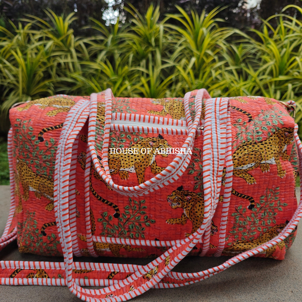 Block Printed Quilted Orange Tiger Duffle Bag