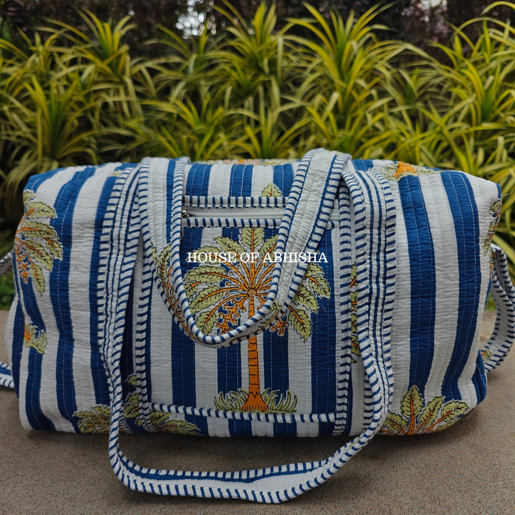 Block Printed Quilted Royal Palm Duffle Bag