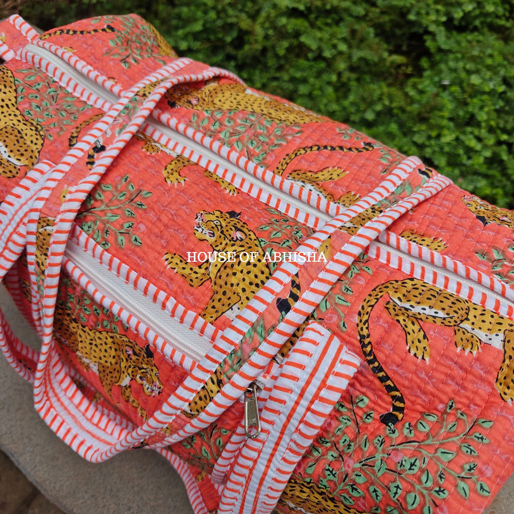 Block Printed Quilted Orange Tiger Duffle Bag