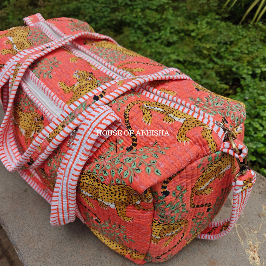 Block Printed Quilted Orange Tiger Duffle Bag