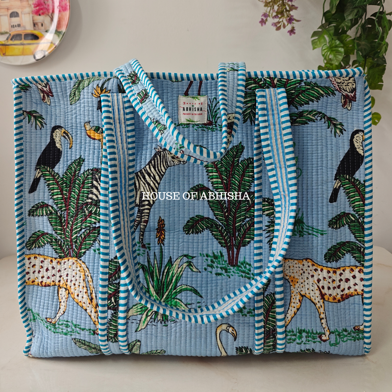 Blue Jungle Quilted Cotton Tote Bag