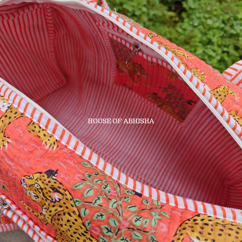 Block Printed Quilted Orange Tiger Duffle Bag