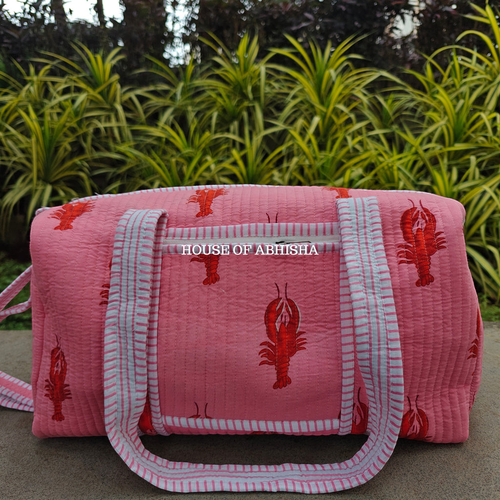 Block Printed Quilted Pink Lobster Duffle Bag