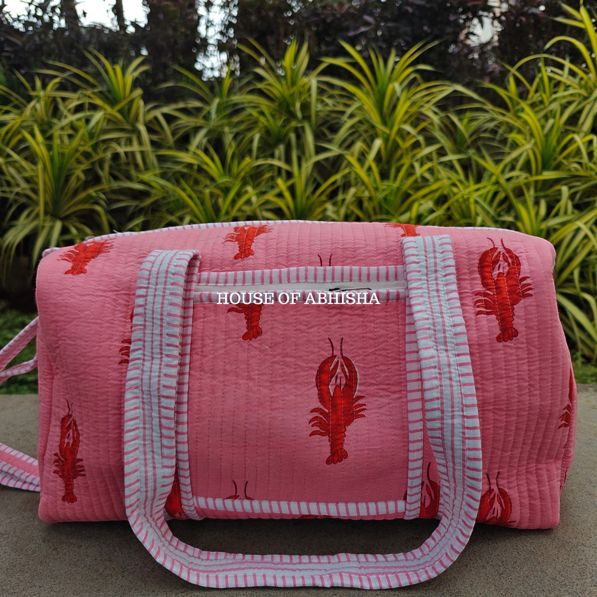 Block Printed Quilted Pink Lobster Duffle Bag