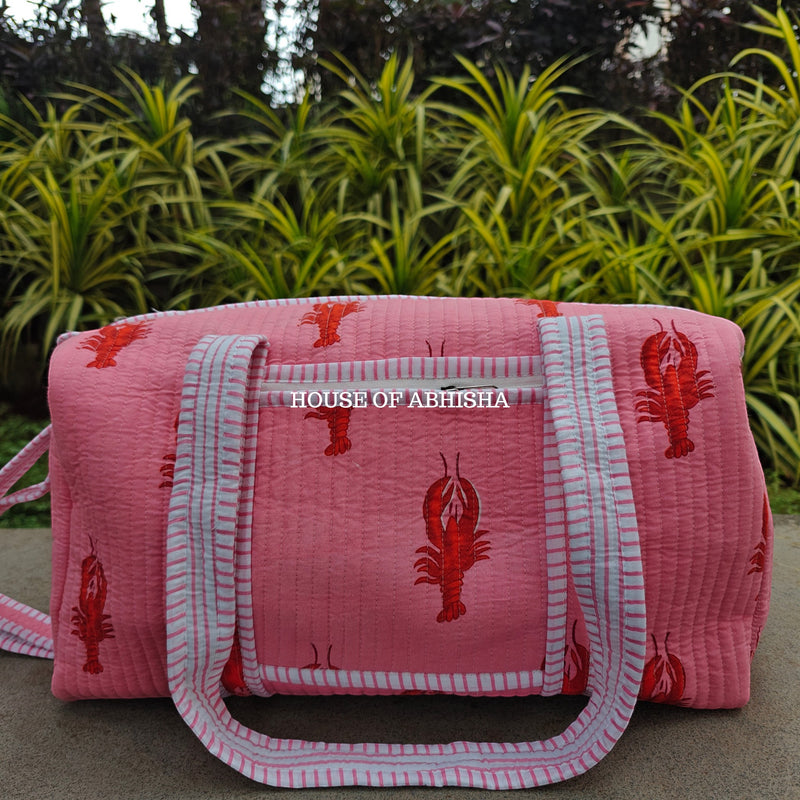 Block Printed Quilted Pink Lobster Duffle Bag