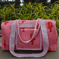 Block Printed Quilted Pink Lobster Duffle Bag