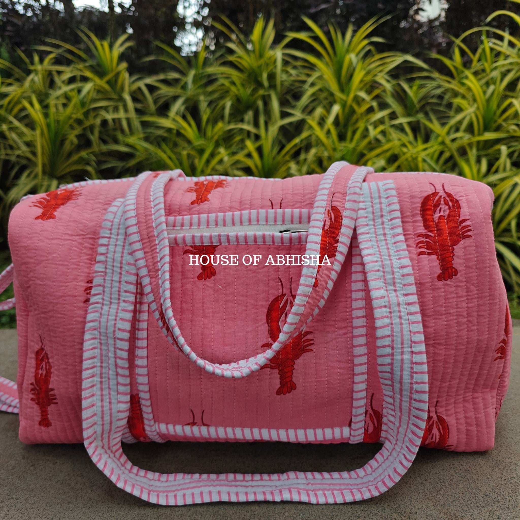 Block Printed Quilted Pink Lobster Duffle Bag