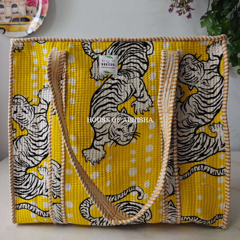 Yellow Tiger Quilted Cotton Tote Bag